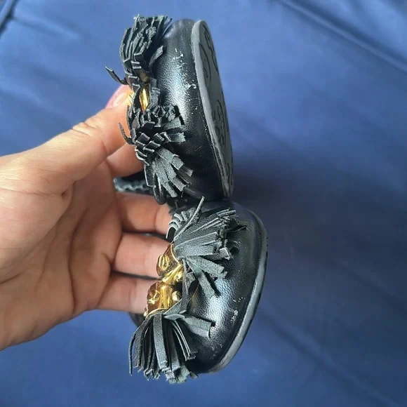 Tory Burch Black Leather Flats with Gold Accents - Picture 2 of 6